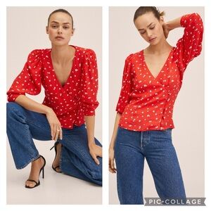 🎀 MANGO red floral V neck  button wrap blouse 4 small euc